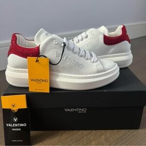 White and Red Rhinestone Valentino Sneakers